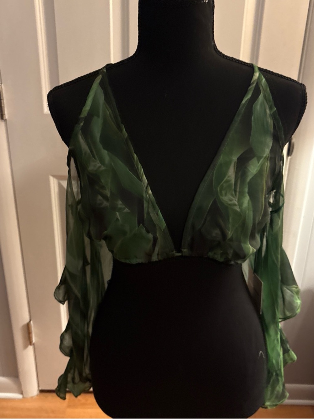 superdown Sheer Green Wrap-Style Cold-Shoulder Camisole
